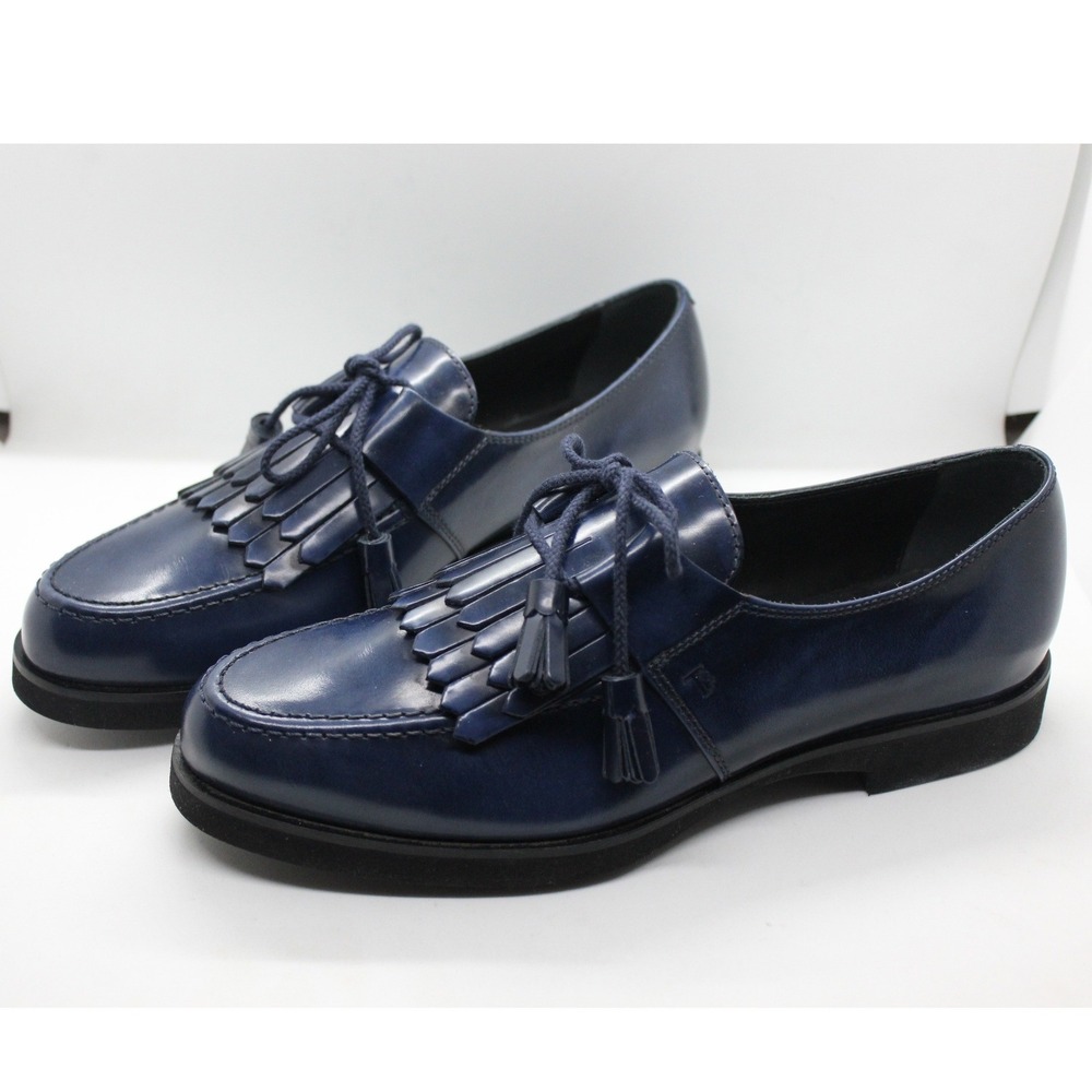 Tod's Navy Leather Tassel Kiltie Loafers Womens 37.5 US 7-7.5 Italy Dress Flats